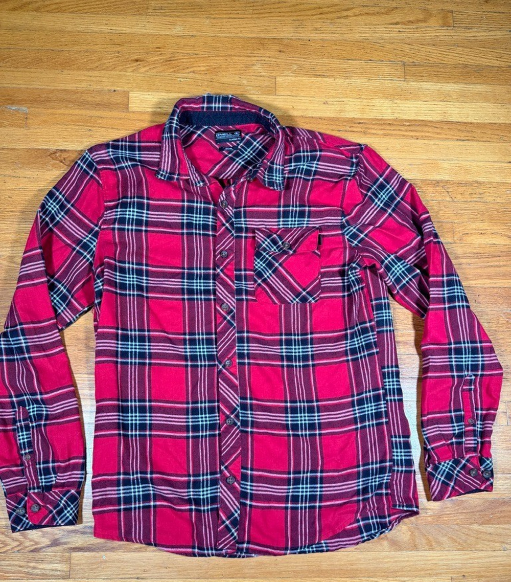 O’Neill Men’s Medium Red Black Plaid Flannel Shirt Classic Fit Button Up